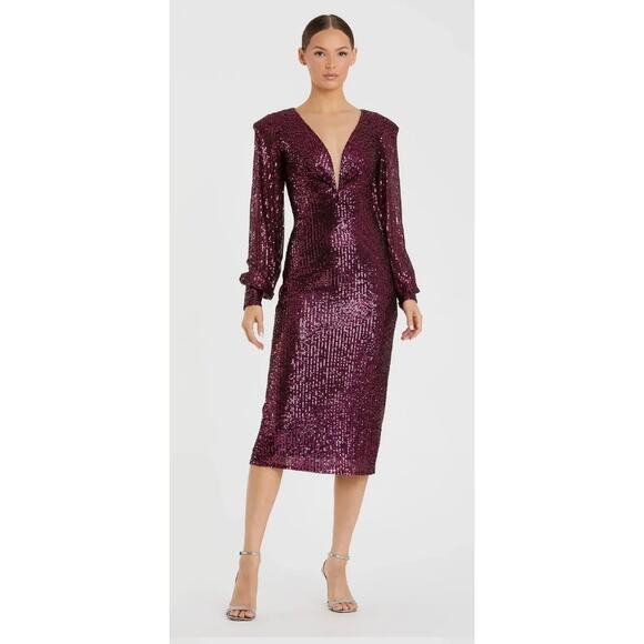 Mac Duggal Purple Sequins Structured Midi Dress Bishop Sleeve Sz 66 Fushcia NWT - Picture 1 of 10